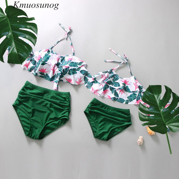 Rejea Swimsuits Mom and Daughter family matching Ruffled Summer Leaf Print Bikini Set Family Look Mother and Daughter Swimwear C0314
