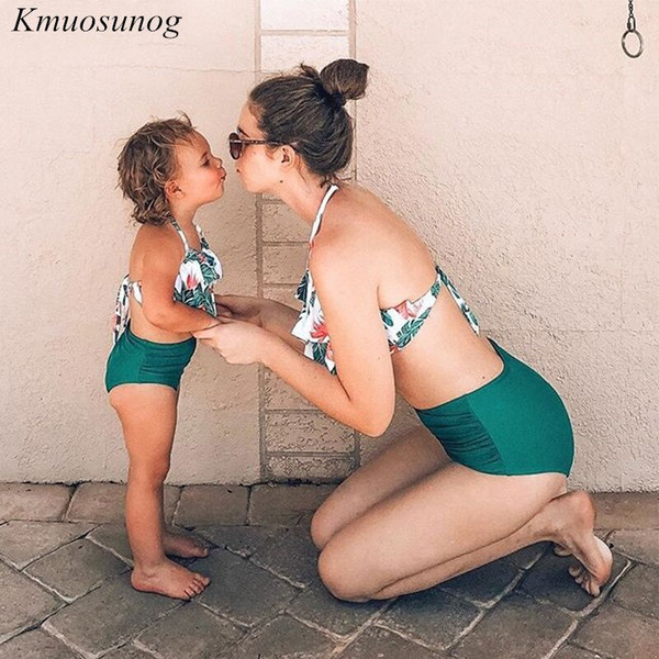 Rejea Swimsuits Mom and Daughter family matching Ruffled Summer Leaf Print Bikini Set Family Look Mother and Daughter Swimwear C0314