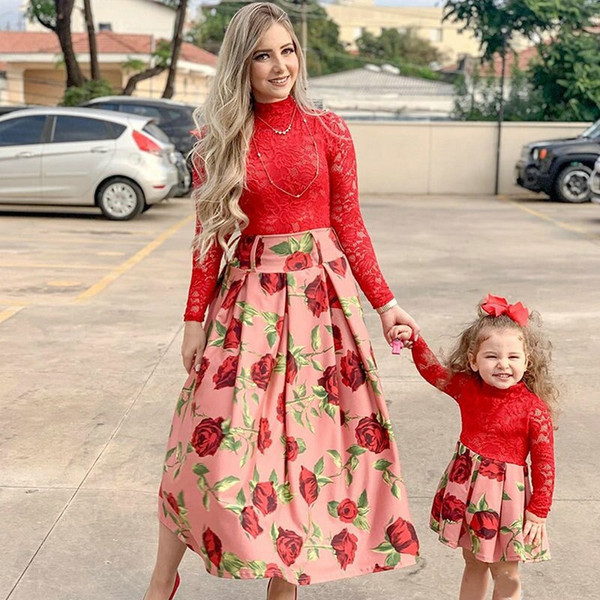 Rejea Mother And Daughter Wedding Dress Family Look New Year Matching Clothes Outfits Long Sleeve Red Lace Christmas Party Dress Girls
