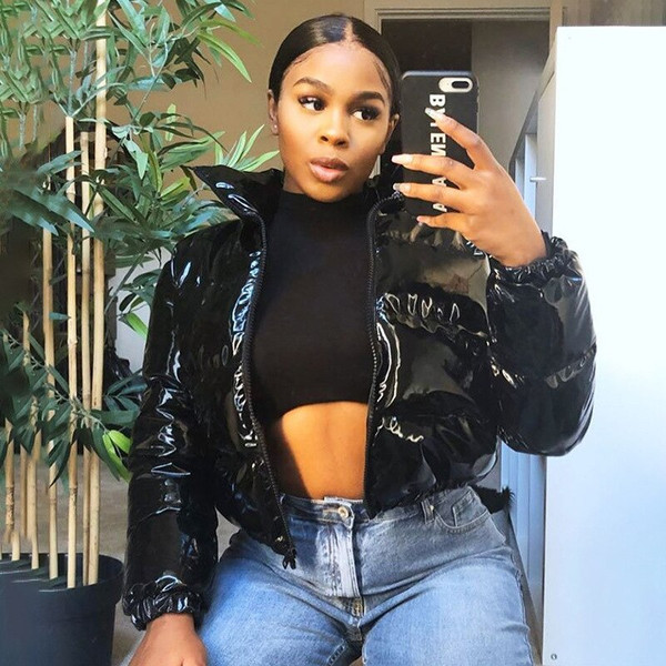 Rejea Plus Size Crop Bubble Puffer Winter Jacket Coats Faux Patent Leather Warm Long Sleeve Women Outerwear Zipper Casual Solid Parkas