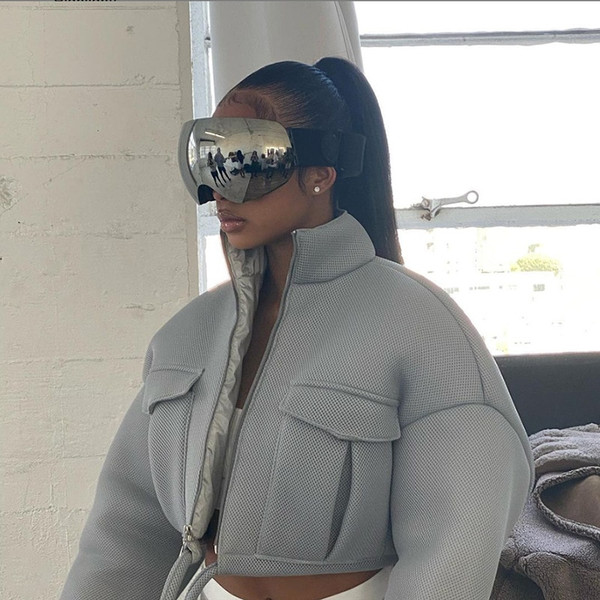 Rejea Mesh Plaid Autumn Spring Coat Women Trend Turtleneck Zipper Pocket Crop Jacket Solid Slim Drawstring Female Outerwear Plus Size