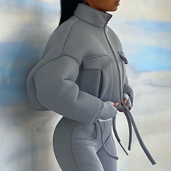 Rejea Mesh Plaid Autumn Spring Coat Women Trend Turtleneck Zipper Pocket Crop Jacket Solid Slim Drawstring Female Outerwear Plus Size