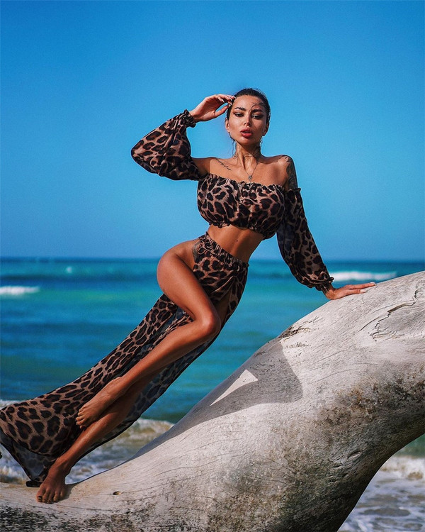 Rejea Summer Leopard Swimsuit Cover-Ups Sexy Women Beach Two Pieces Sets Off Shoulder Crop Top+High Split Maxi Skirt Holiday Outfit