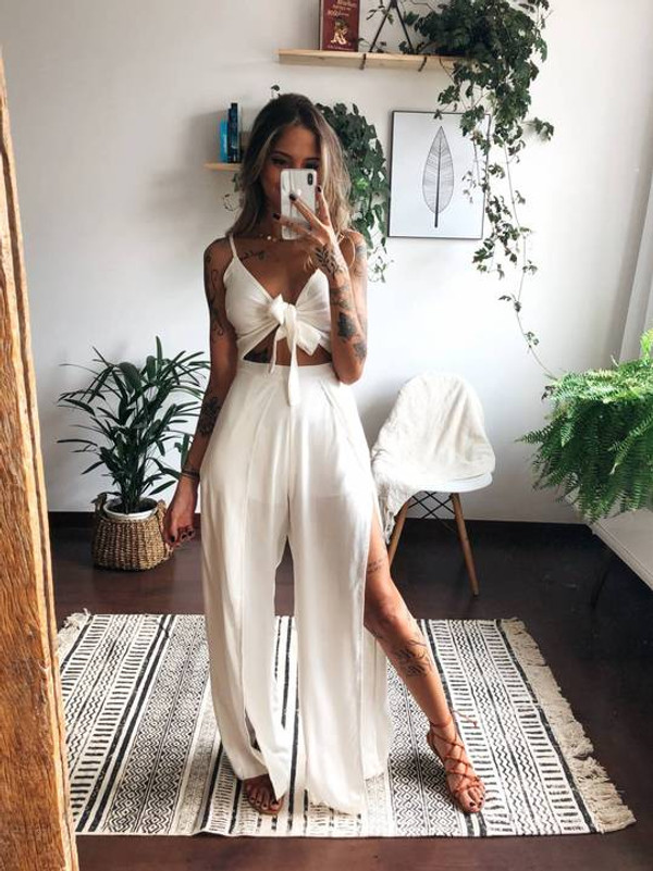 Rejea 2 Pieces Pants Suit Sets Women Solid Color Twist Knot Straps Camis+Loose High Slit Wide Leg Pants for Summer Office Lady Outfits