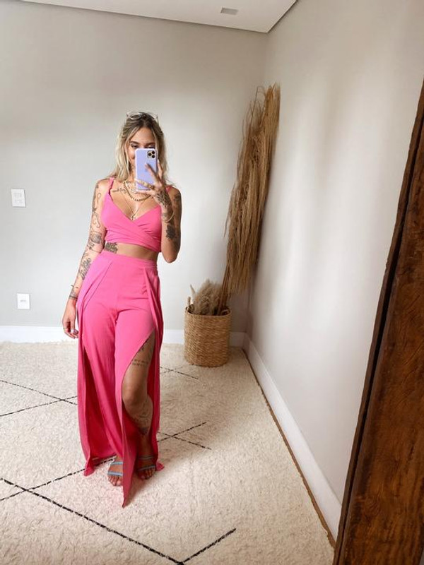 Rejea 2 Pieces Pants Suit Sets Women Solid Color Twist Knot Straps Camis+Loose High Slit Wide Leg Pants for Summer Office Lady Outfits