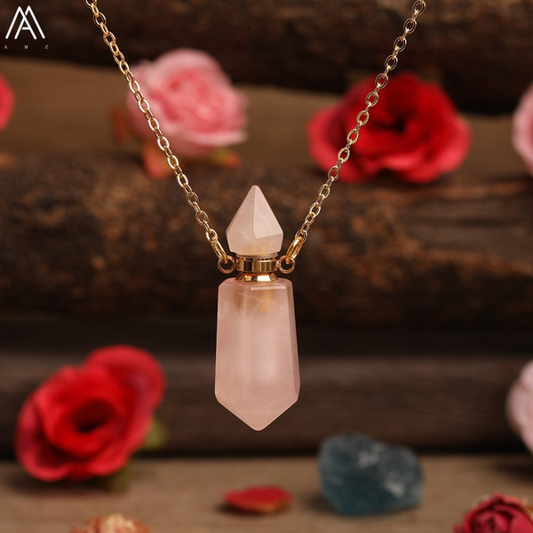 Rejea Natural Gems Stone Faceted Prism Perfume Bottle Pendants Necklace,Cut Hexagon Points Crystal Essential Oil Diffuser Vial Charms