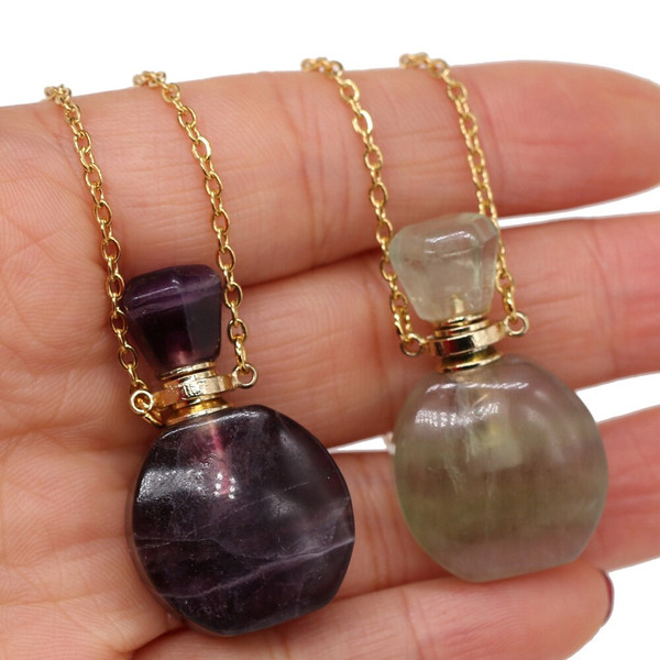 Rejea Natural Stone Perfume Bottle Pendant Necklace Amethysts Quartz Essential Oil Vial Charms Necklaces for Women Jewelry Gift