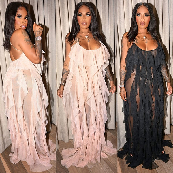 Rejea Sexy Mesh Beach Maxi Dresses Women Spaghetti Strap Ruffle Robe Swimwear Summer New Fashion Backless Swimsuit Cover Up