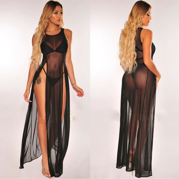 Rejea New Bikini Cover Ups Women Mesh Sheer See Through Sexy Beach Dress Sleeveless Split Maxi Dress Swimsuit Sarong