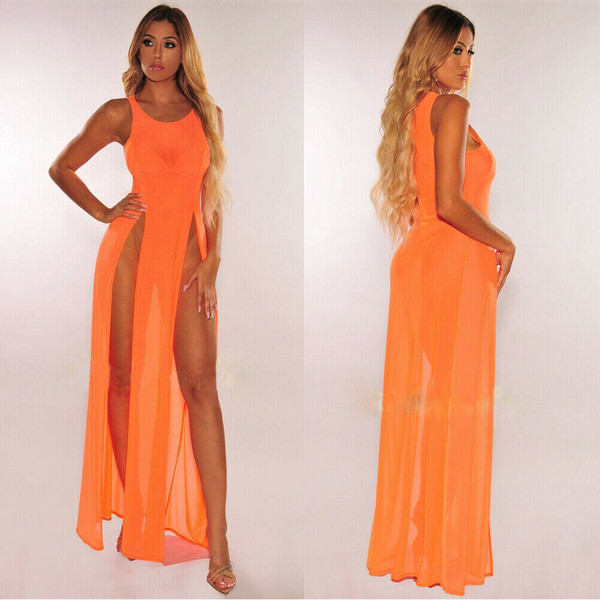 Rejea New Bikini Cover Ups Women Mesh Sheer See Through Sexy Beach Dress Sleeveless Split Maxi Dress Swimsuit Sarong