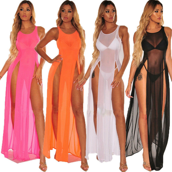 Rejea New Bikini Cover Ups Women Mesh Sheer See Through Sexy Beach Dress Sleeveless Split Maxi Dress Swimsuit Sarong