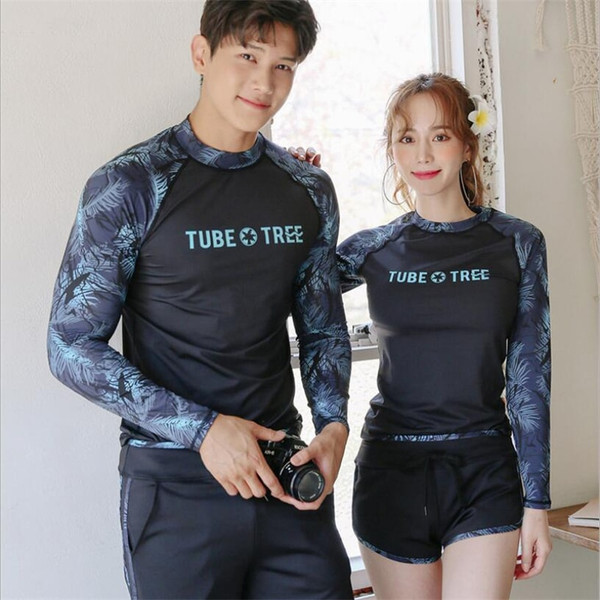 Rejea Korean couple rash guard 2 pieces UV swim shirt+shorts men and women lovers matching surfing swimsuit quick dry