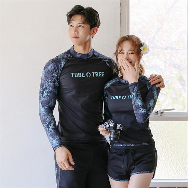 Rejea Korean couple rash guard 2 pieces UV swim shirt+shorts men and women lovers matching surfing swimsuit quick dry