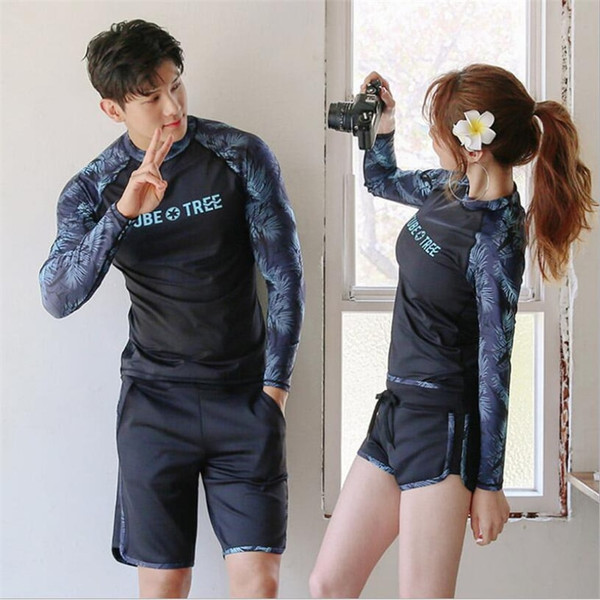 Rejea Korean couple rash guard 2 pieces UV swim shirt+shorts men and women lovers matching surfing swimsuit quick dry