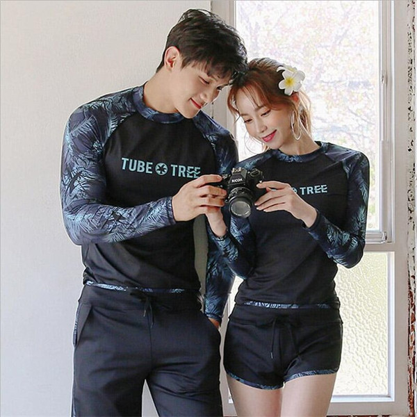 Rejea Korean couple rash guard 2 pieces UV swim shirt+shorts men and women lovers matching surfing swimsuit quick dry