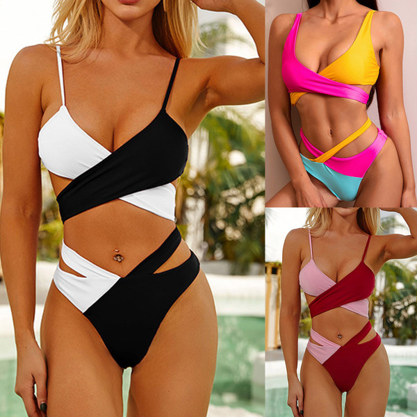 Rejea Swimsuit Women Padded Pushup Bra Bikini Set Summer Vogue  Cross Color Contrast Swimwear Bathing Suit Lady