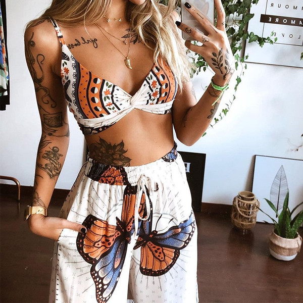 Rejea 2 Pecs Suit Summer Tracksuit Sets Womens Outfits Boho Beach Style Print Underwear Loose Wide Leg Pants Ropa Mujer