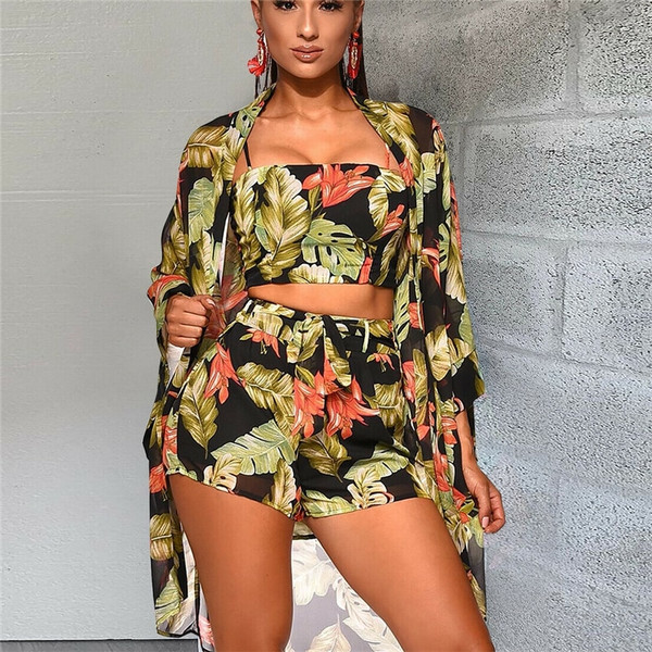 Rejea Summer New Women Boho 3Pcs Floral Print Cardigan Blouse+Crop Top+Shorts Lady Holiday Beach Three Pieces Set Casual Shorts Sets