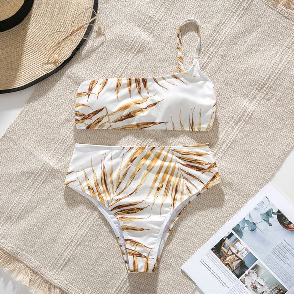 Rejea Gold Leaves Print Bikini Women High Waist Swimsuit Sexy Swimwear Bandeau Push Up Bikini Set Bathing Suits Summer Beach Wear