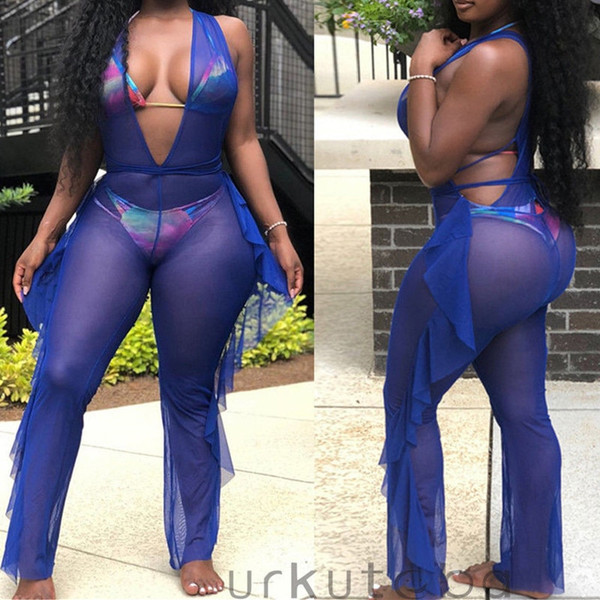Rejea Sexy Women Beach Cover Up See Through Ruffle Pants Mesh Sheer Long Suspender Bikini Cover Up Bottoms Swimsuit Swimwear