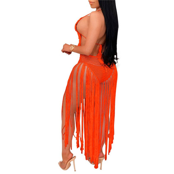 Rejea 2021 Women Tassel Swimwear Crochet Bikini Set Summer Sexy See Through Cover Up Skirt Hollow Out 2 Piece Knitted Beach Set