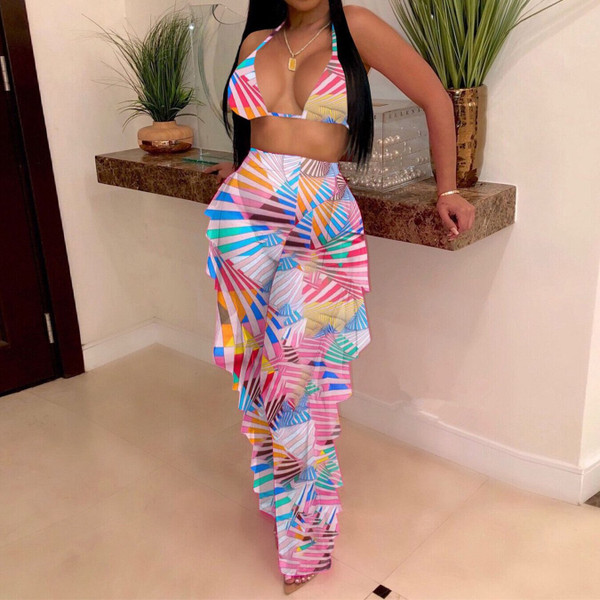 Rejea New 2PCS/SET Beach cover up sexy women bra top+ruffles mesh see through  pants bikini swimsuit bathing suit cover ups