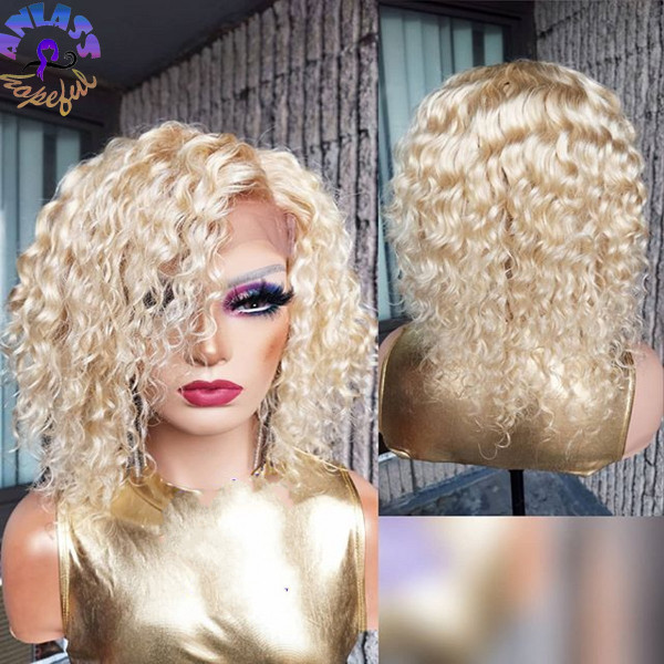 Rejea High Temperature Fiber Short Kinky Curly Wig  Blonde Synthetic Lace Front Wigs With Baby Hair for Women Natural  Cosplay Wig|Synthetic None-Lace  Wigs|