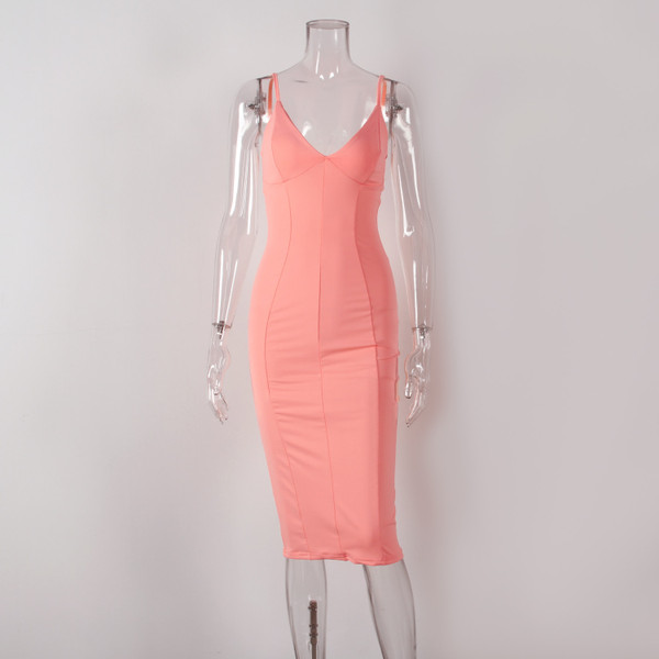 Rejea New Arrival Spaghetti Strap V-Neck Stretchy Hiqh Quality  Sleeeveless Women Off-shoulder Elegant Dress