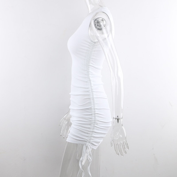 Rejea Ribbed Mini Dress Women Drawstring Sexy Sleeveless O Neck Vintage Bodycon Party Club Knitted Summer Dress