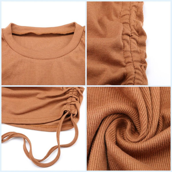 Rejea Ribbed Mini Dress Women Drawstring Sexy Sleeveless O Neck Vintage Bodycon Party Club Knitted Summer Dress