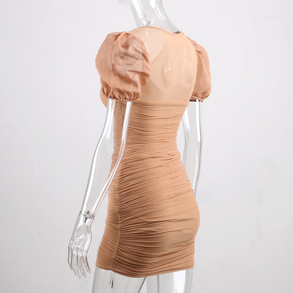 Rejea Puff Sleeve Mesh Vintage Mini Bodycon Sexy Dress Summer Square Neck Fashion Khaki Party Dress Women