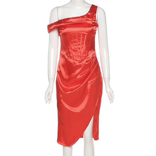 Rejea New Elegant Ruched Bodycon Evening Dress For Women Off Should High Split Party Dresses Summer Sexy Red Vestidos
