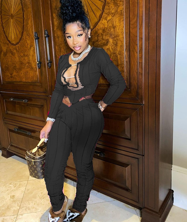 Rejea Sexy tight fitting Striped Crop Top two piece Set high elastic Holow Out mesh Patchwork stitching trousers knit suit