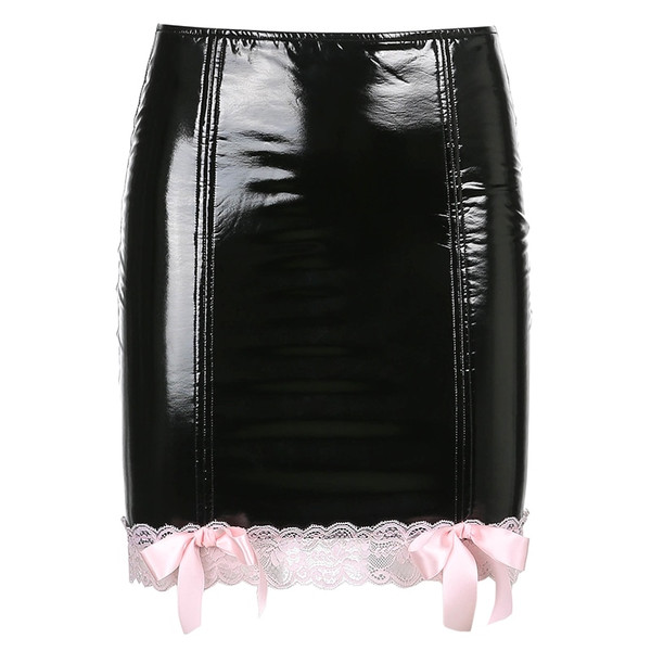 Rejea Pink Lace Sexy High Waisted Mini Pencil Skirt Harajuku Goth Faux Leather PU Short Skirts Womens Kawaii Streetwear
