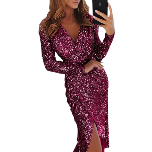REJEA Women Clothes Bodycon Dress New Ladies Bronzing Long-sleeved V-neck Bright Sparkling Dresses Dinner Sexy Dress