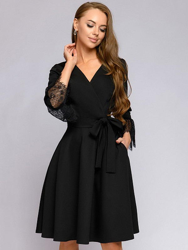 REJEA Elegant Lace Stitching V neck Woman Dress Autumn Wrist Sleeves Sashes Pockets Casual Dresses For Women Office Wear