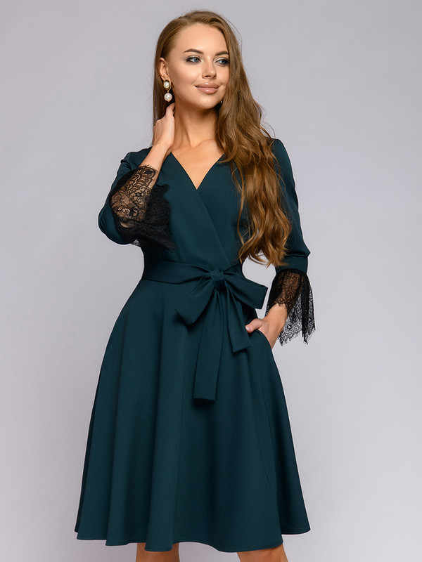 REJEA Elegant Lace Stitching V neck Woman Dress Autumn Wrist Sleeves Sashes Pockets Casual Dresses For Women Office Wear