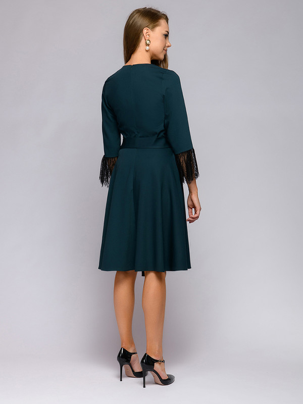 REJEA Elegant Lace Stitching V neck Woman Dress Autumn Wrist Sleeves Sashes Pockets Casual Dresses For Women Office Wear