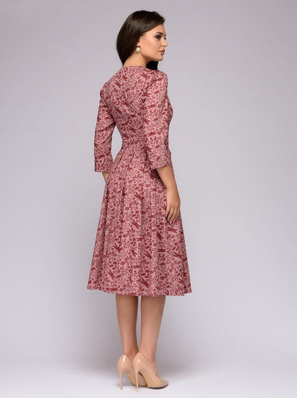 REJEA  Navy Blue 3/4 Sleeves Printed Dress Women Spring Summer Vintage Pocket A-line Casual Dress Elegent Party Vestidos