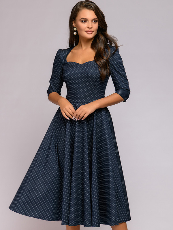 REJEA Autumn Vintage Square Collar Dot Print Dress Women 3/4 Sleeve A Line Bow Tie Backless Sexy Mid-Calf Dresses