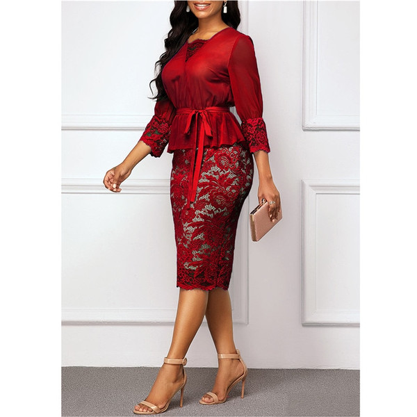 REJEA Summer Autumn Dress Women Casual Plus Size Slim Patchwork Lace Office Pencil Dresses Elegant Sexy V Neck Long Party Dress