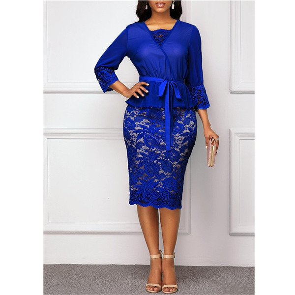 REJEA Summer Autumn Dress Women Casual Plus Size Slim Patchwork Lace Office Pencil Dresses Elegant Sexy V Neck Long Party Dress