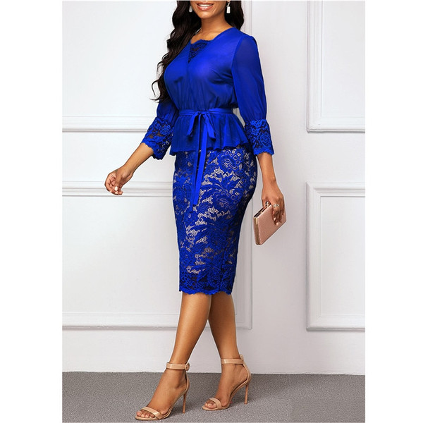 REJEA Summer Autumn Dress Women Casual Plus Size Slim Patchwork Lace Office Pencil Dresses Elegant Sexy V Neck Long Party Dress