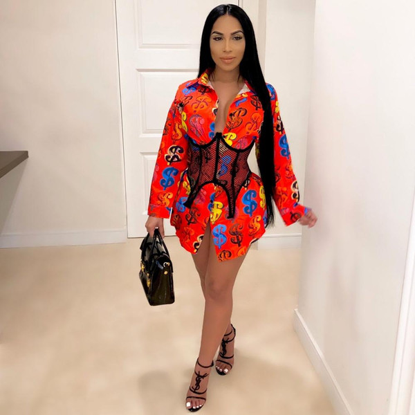 REJEA  Geometric Elements Print Sashes Silk Women Formal Ladies Dress Sexy Shirt Dress Fashion Short Sleeve Dress