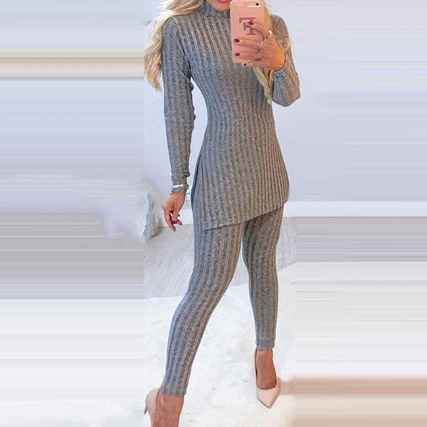 REJEA Elegant Beaded Side Slit Long Sleeve Tops & Skinny Pants Set Women Casual Solid Color Two Piece Sets Office Lady Knitted Suits