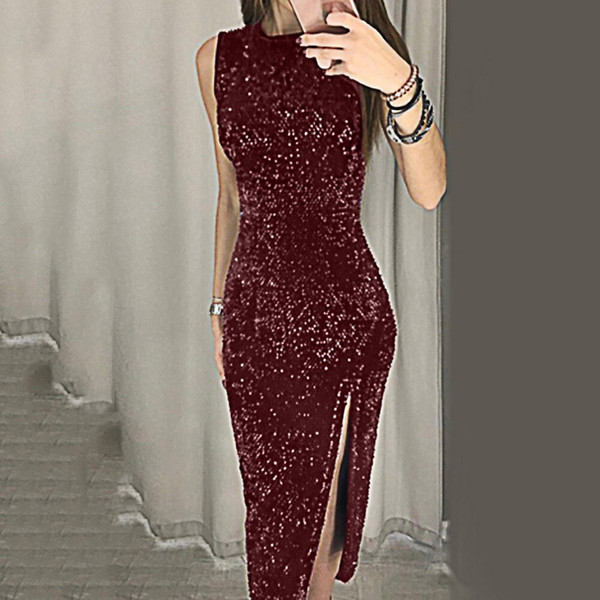 REJEA Women Formal Mature Dresses Bridesmaid High-waist New Years Party Glitter Midi Dress Shiny Sleeveless Gold Wine Red Tunic