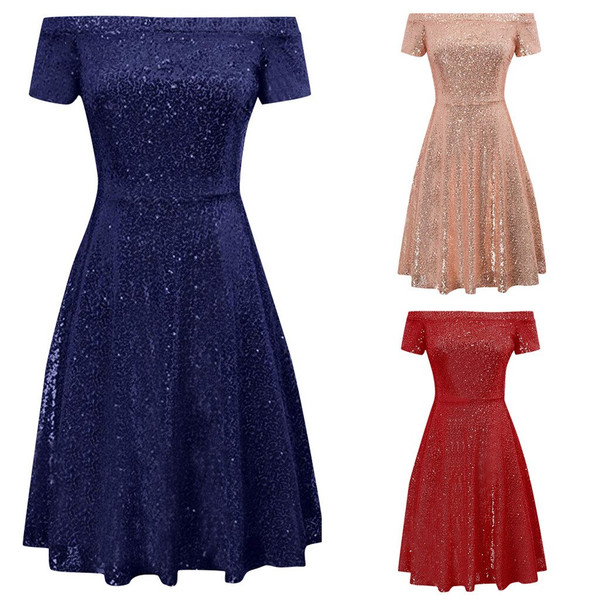 REJEA Women Off Shoulder Short Sleeve Sequin A-line Midi Dress Party Club Glitter Rose Gold Dress Women Party Elegant Shiny Dress