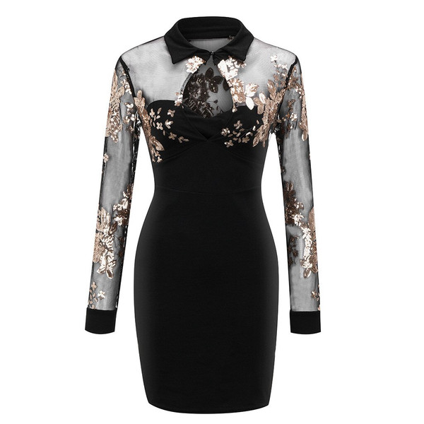 REJEA Glitter Dress Skinny Women Long Sleeve Sheer Sequins Mesh Patchwork Casual Work Dress 2020 New Year Evening Party Dress Ladies