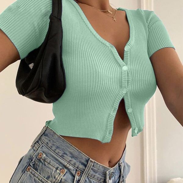 REJEA Sexy Women Button Knitted Short Sleeve Korean Style Ribbed Summer Crop Top clothes tshirt shirt vintage t-shirt clothing