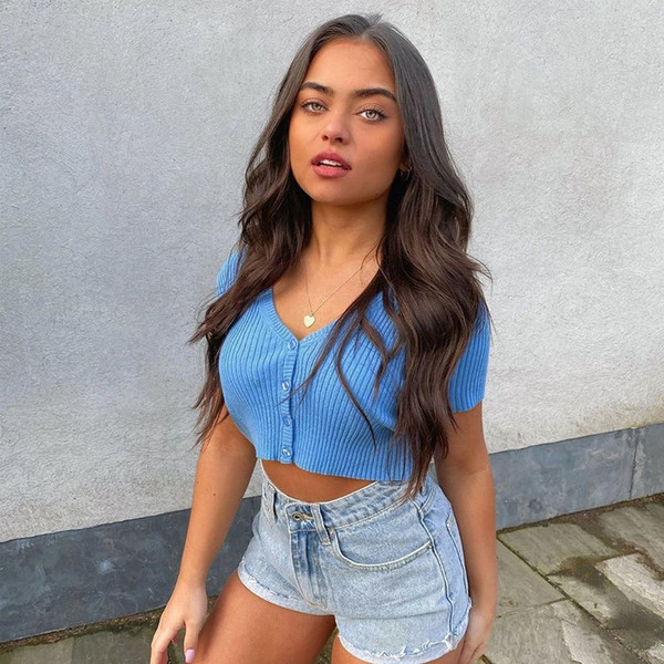 REJEA Sexy Women Button Knitted Short Sleeve Korean Style Ribbed Summer Crop Top clothes tshirt shirt vintage t-shirt clothing